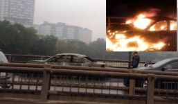 Hà Nội: Ô tô biển xanh bất ngờ bốc cháy ngùn ngụt tại đường trên cao